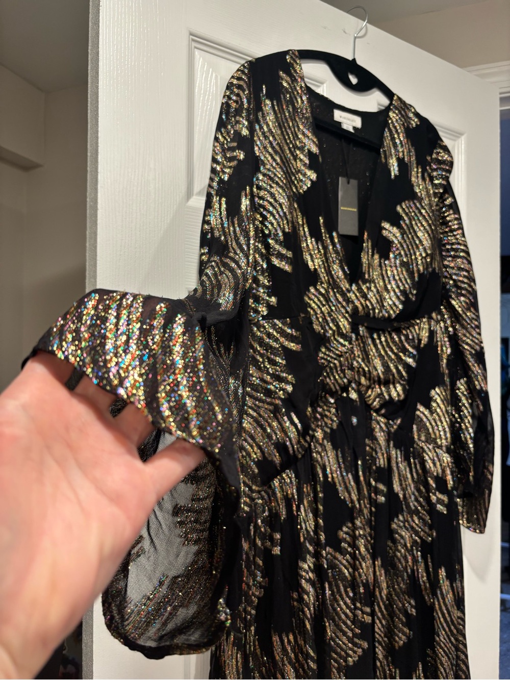 Warehouse Metallic Jacquard Plunge Neck Midi